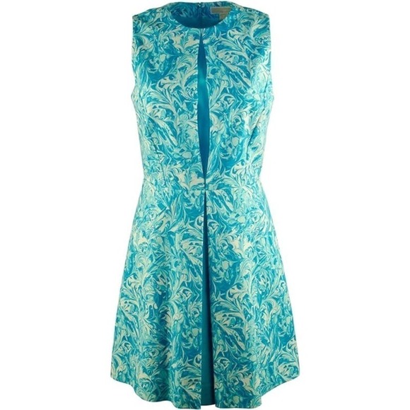 MICHAEL KORS BLUE WHITE PLEATED FRONT HIGH NECK SLEEVELESS DRESS Size 4 - Picture 13 of 14